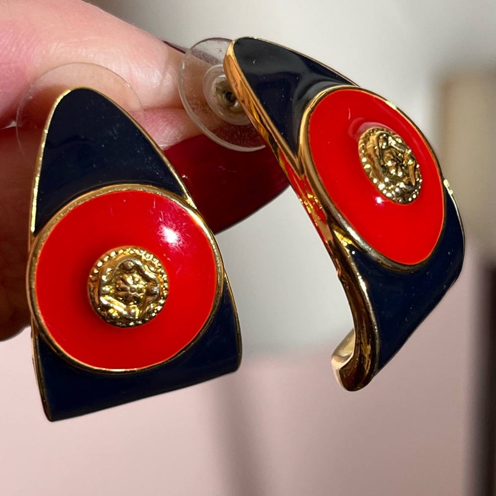 Vintage 1980 90 retro Heavy Gold Red Blue Byzantine oversized Half hoop Earrings - Picture 9 of 13